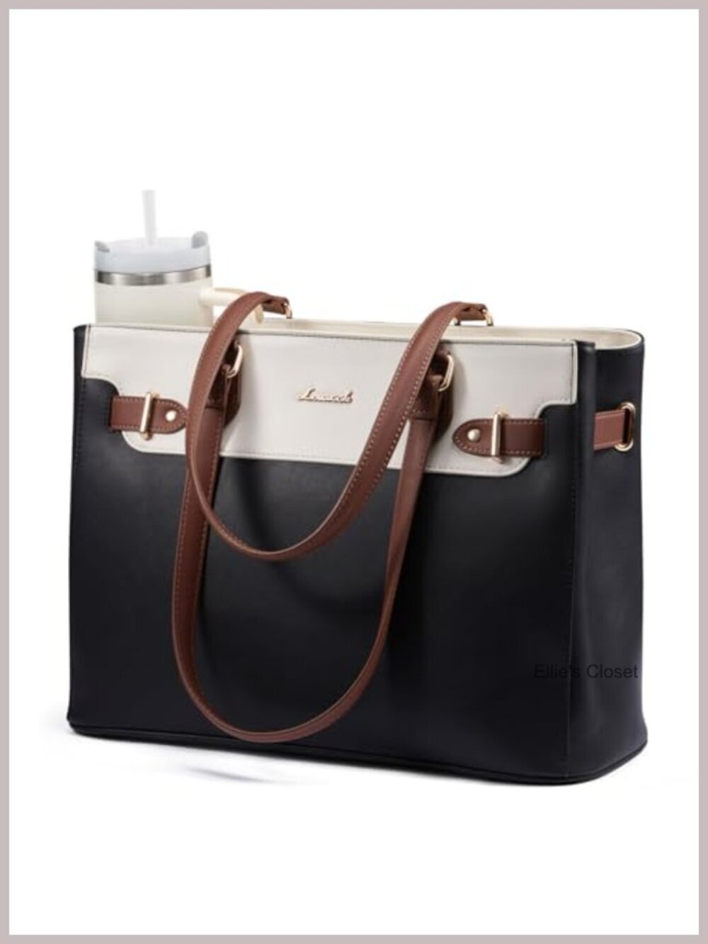 Waterproof PU Leather Laptop Tote Bag with Cup Holder for Work